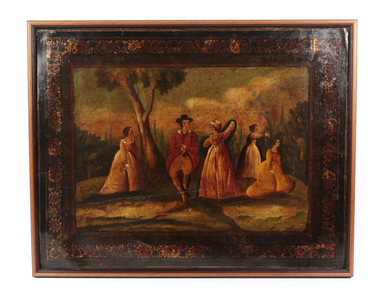 Lot 308 - A Regency Toleware Panel, early 19th century, painted with rustic figures in landscape within a...