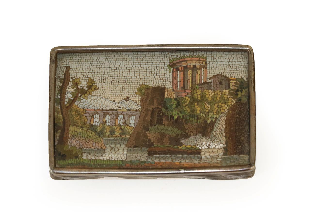 Lot 315 - An Italian Micro-Mosaic Panel, 19th century, depicting a temple beside a river bridge, 5cm by...