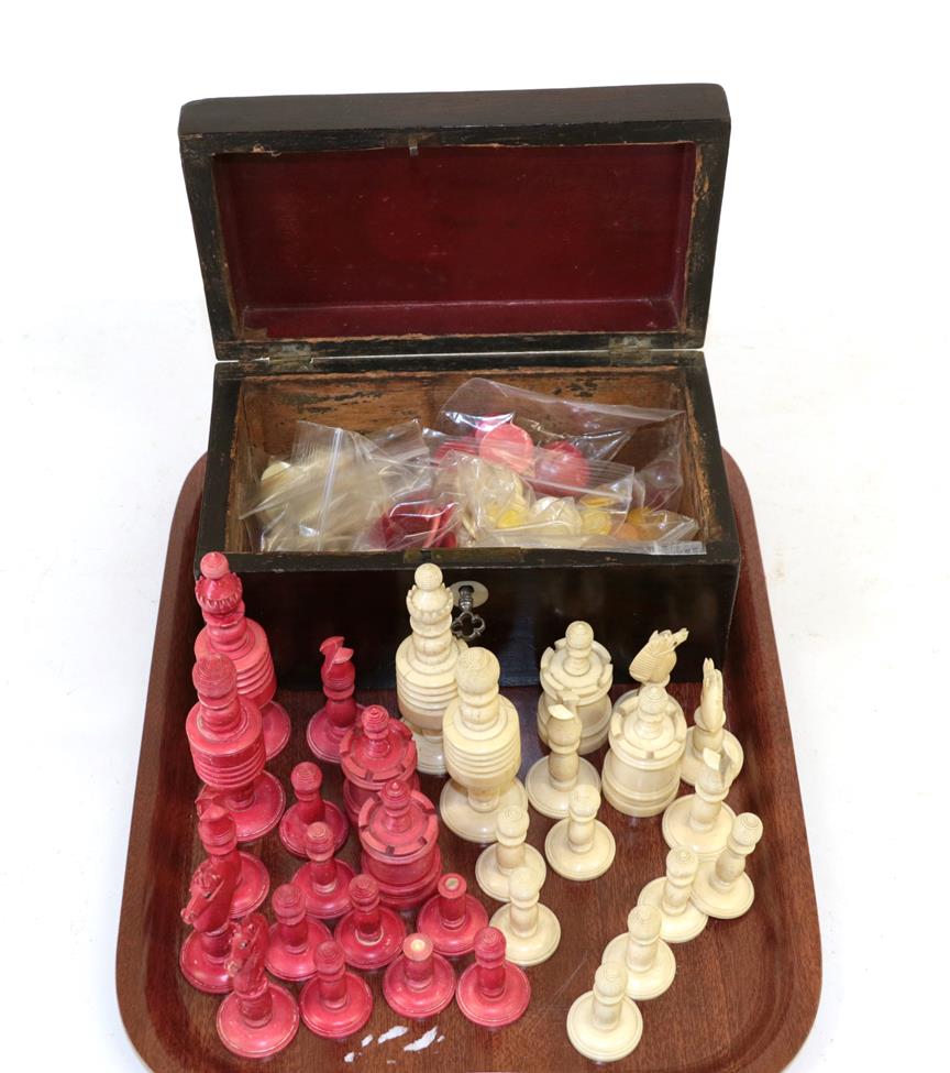 Lot 317 - A Stained and Turned Bone Staunton Pattern Chess Set, late 19th century, the king 10cm high,...