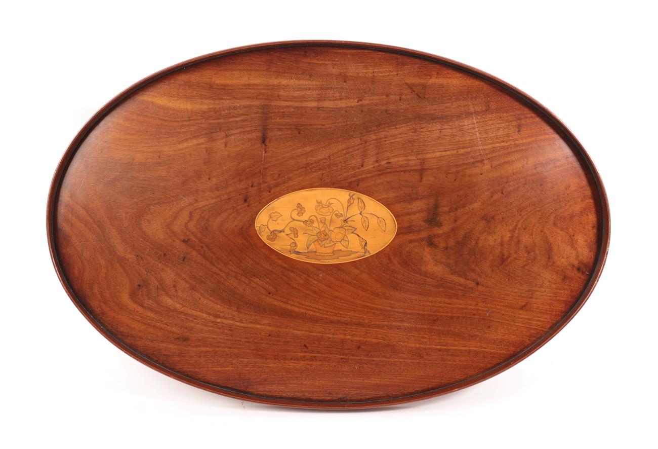 Lot 319 - A Mahogany and Marquetry Tray, 19th century, of oval form with plain gallery and central...