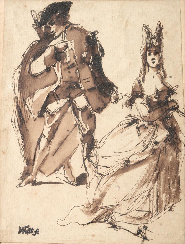 Lot 351 - *Watt (19th century)  Study of two figures from the Venetian Carnival Signed, ink and wash, 15cm by