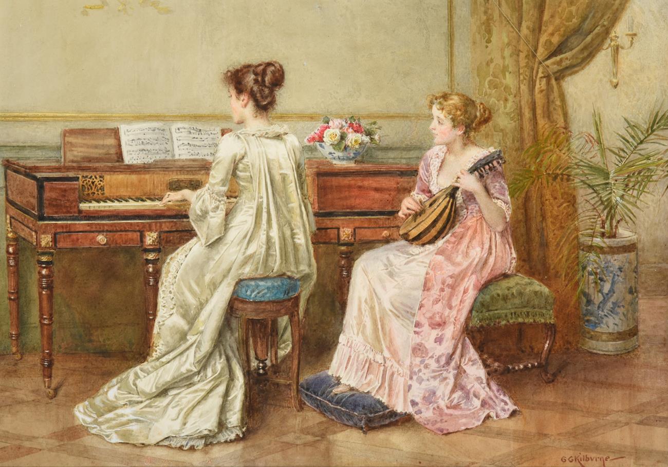 Lot 358 - George Goodwin Kilburne RI, RBA (1839-1924) The Duet - two elegant ladies seated in a interior...