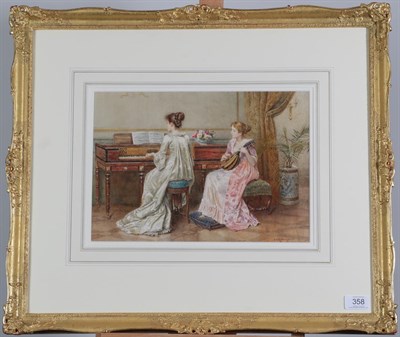 Lot 358 - George Goodwin Kilburne RI, RBA (1839-1924) The Duet - two elegant ladies seated in a interior...