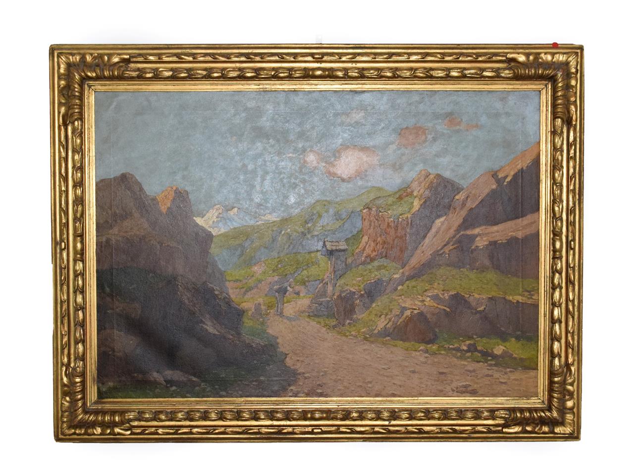 Lot 402 - Ugo Gheduzzi (1853-1925) Italian Rustic figure visiting a mountain shrine  Signed, oil on...