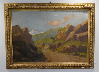 Lot 402 - Ugo Gheduzzi (1853-1925) Italian Rustic figure visiting a mountain shrine  Signed, oil on...