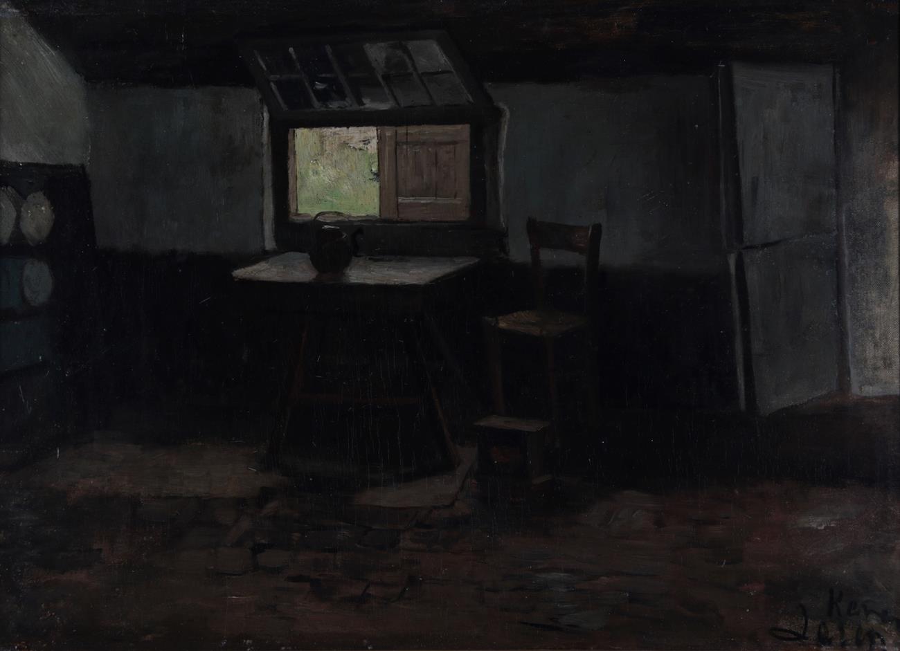 Lot 414 - Jacob Simon Hendrik Kever (1854-1922) Dutch  Dutch cottage interior  Signed, oil on board, 30cm...