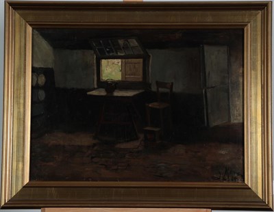 Lot 414 - Jacob Simon Hendrik Kever (1854-1922) Dutch  Dutch cottage interior  Signed, oil on board, 30cm...