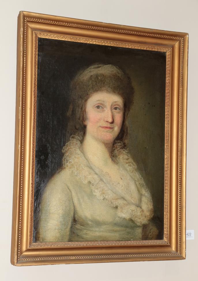 Lot 422 - Follower of Thomas Gainsborough (1727-1788) Portrait of a lady in a white dress with lace...