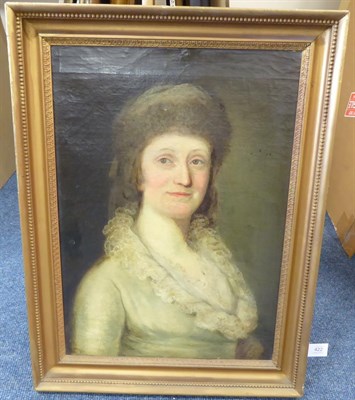 Lot 422 - Follower of Thomas Gainsborough (1727-1788) Portrait of a lady in a white dress with lace...