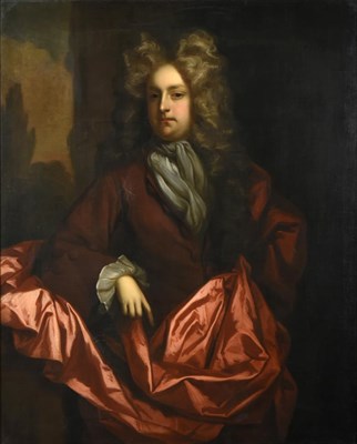 Lot 428 - Circle of Godfrey Kneller (1646-1723) Portrait of a fashionable gentleman wearing a claret overcoat