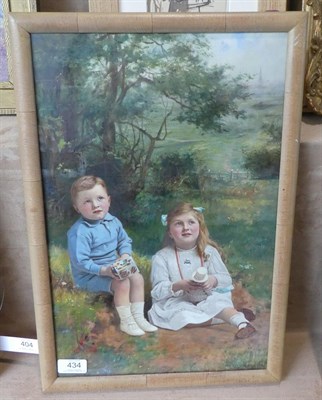 Lot 434 - Charles Spencelayh (1865-1958) Portrait of a young boy and his sister seated in a landscape  Signed