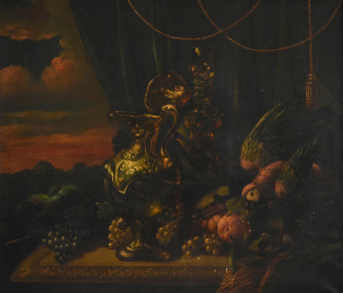 Lot 437 - Style of Melchior d'Hondecoeter (c.1636-1695) Dutch  Still life of an ornate silver ewer, fruit and