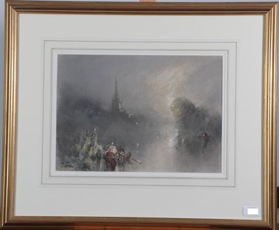 Lot 443 - Stephen Frank Wasley (1848-1934) Rowing boat before a church spire at sunset  Signed, mixed...