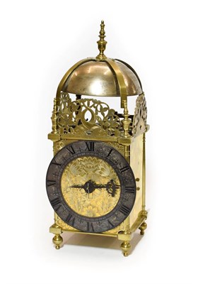 Lot 453 - A Late 17th Century Style Brass Striking Lantern Clock, pierced dolphin frets, four posted...