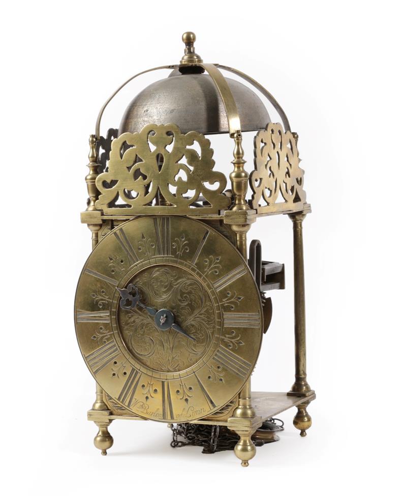 Lot 460 - A Late 17th Century Brass Striking Lantern Clock, signed William Barlow, of King's Lynn, circa...