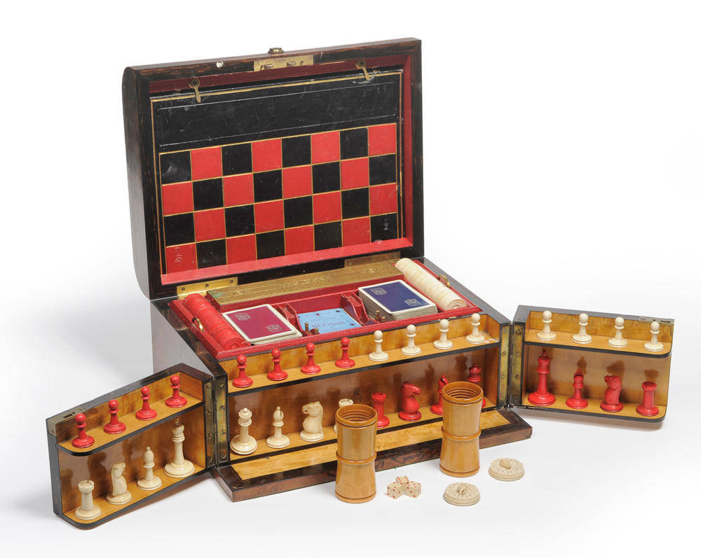 Lot 967 - A Victorian Walnut Games Compendium, retailed by H Rodrigues, 42 Piccadilly, London, circa 1880, of