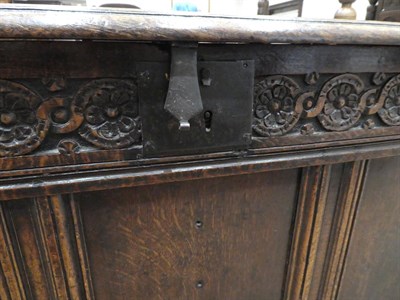Lot 556 - A Late 17th Century Joined Oak Chest, the moulded hinged lid enclosing a candle box above a...