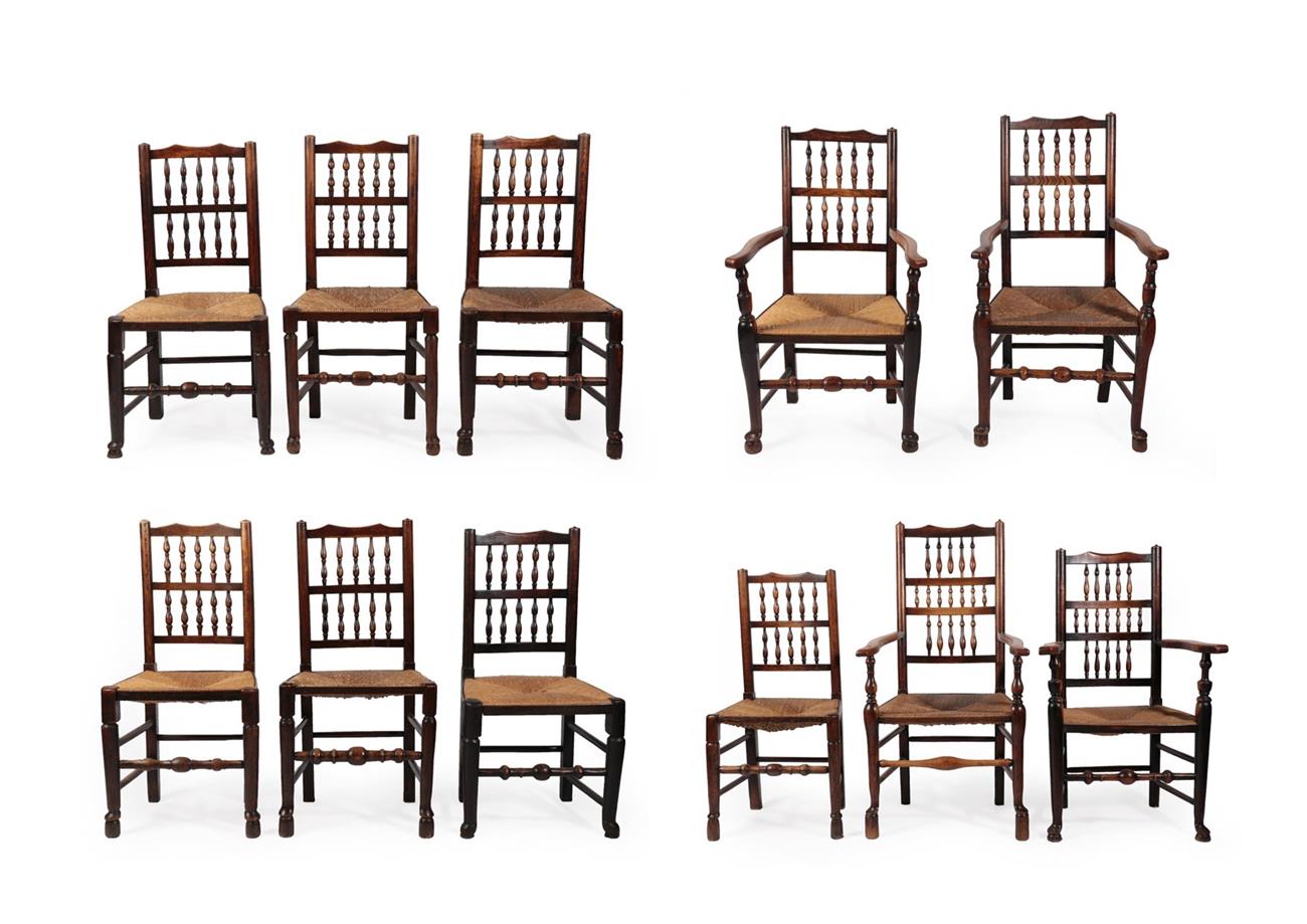 Lot 614 - A Matched Set of Eleven 19th Century Lancashire Ash and Rush Seated Dining Chairs, comprising seven