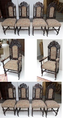 Lot 634 - A Set of Ten Victorian Carved Oak Dining Chairs, circa 1880, including two carvers, recovered...