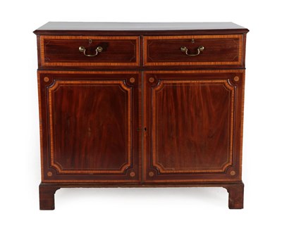Lot 651 - A Late George III Mahogany and Satinwood Banded Side Cabinet, early 19th century, with two deep...