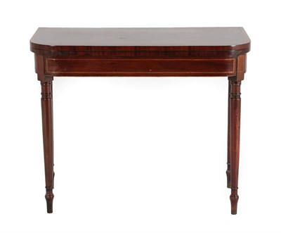Lot 656 - A George III Mahogany and Satinwood Banded Foldover Card Table, early 19th century, the hinged...