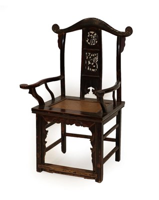 Lot 740 - A Chinese Softwood Armchair, late 19th/early 20th century, with traces of red paint, the yoke...