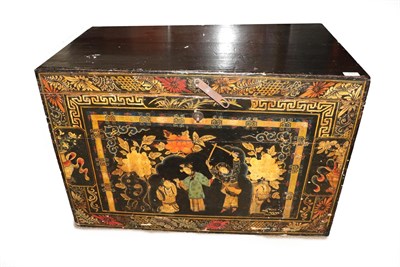Lot 744 - A Chinese Qing Dynasty Elm and Black Painted Hinged Chest, the front panel depicting figures...