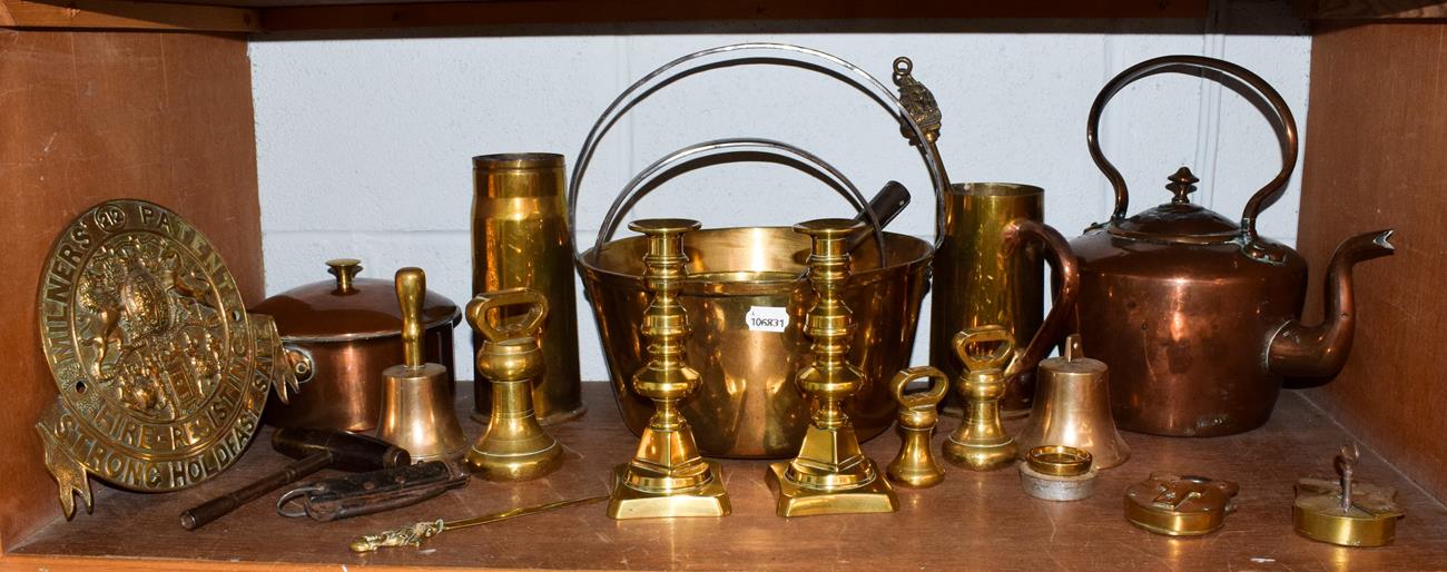 Lot 1 - A quantity of late 19th century copper and brass, including dump weights, jam pans,...