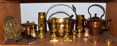 Lot 1 - A quantity of late 19th century copper and brass, including dump weights, jam pans,...