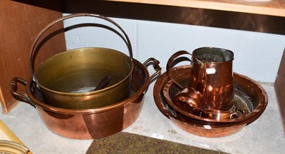 Lot 6 - Various copper pans and jugs together with a brass jam pan