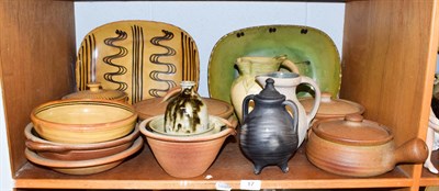 Lot 17 - Shelf of Studio pottery, including Sidney Tustin Winchcombe bowl (cracked) Muchelney domestic wares