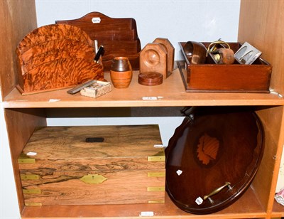 Lot 18 - A 19th century inlaid mahogany twin handled oval tray, a mahogany housemaids tray, a walnut...