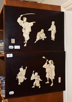Lot 29 - Two Japanese bone and mother-of-pearl inlaid plaques depicting figures