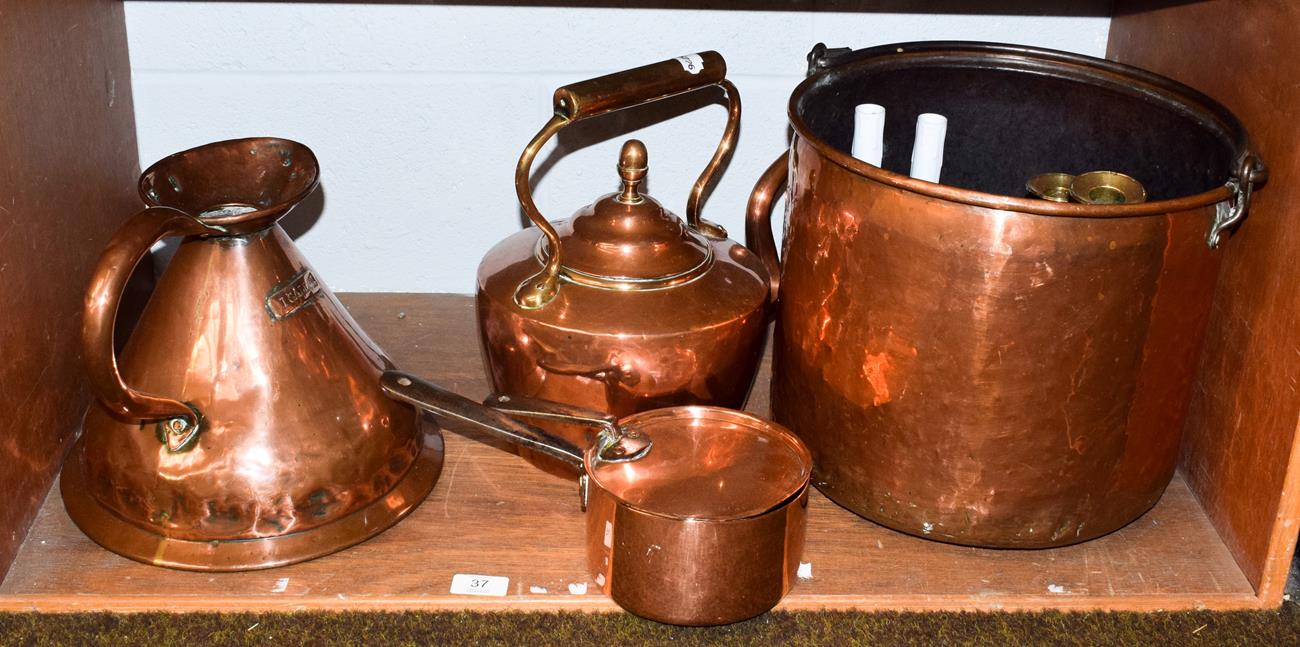 Lot 37 - 19th century copper and brass including a swing handled coal bucket, cream pan, harvest jug and...