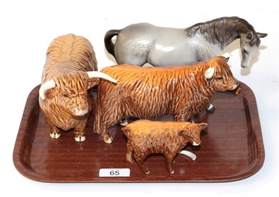 Lot 65 - Beswick cattle comprising Highland bull; Highland cow and calf; and a Beswick mare, grey matte...