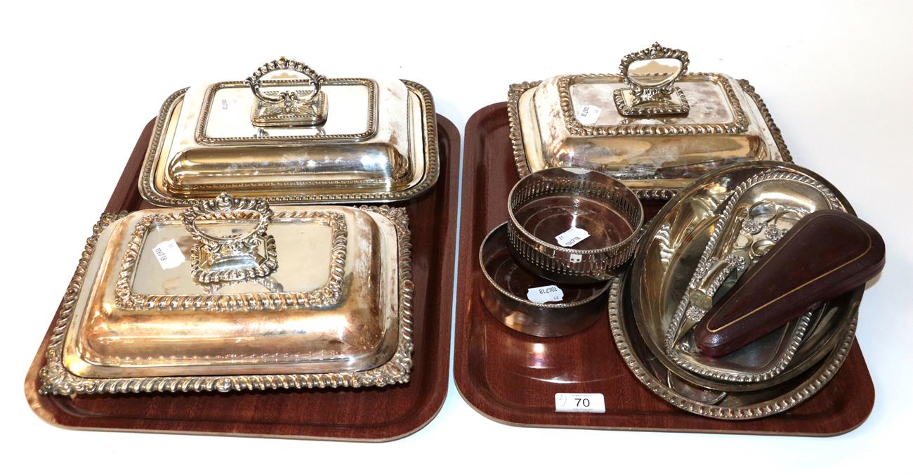 Lot 70 - A pair of silver plated entree dishes, covers and handles, each with gadrooned borders,...