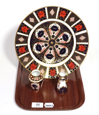 Lot 88 - A modern Royal Crown Debry plate and two small Royal Crown Derby vases (3)