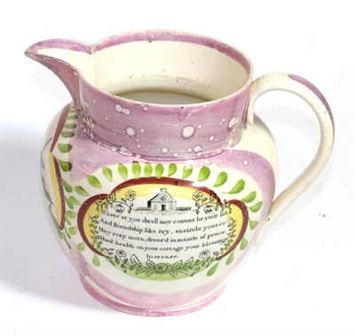Lot 94 - A large Sunderland pink lustre jug, printed with various vignettes, a three masted ship to the...