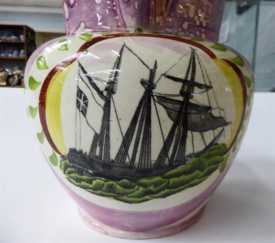 Lot 94 - A large Sunderland pink lustre jug, printed with various vignettes, a three masted ship to the...