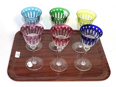 Lot 97 - A set of six St Louis, France, coloured and cut wine glasses