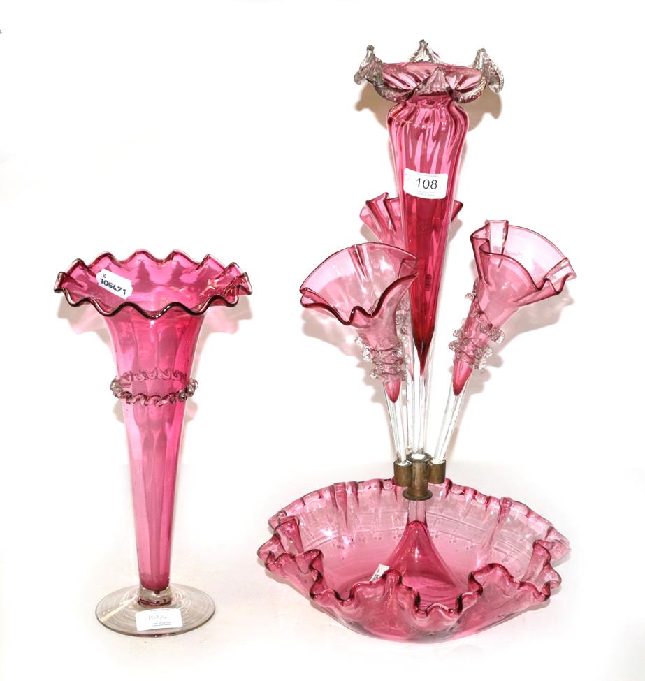 Lot 108 - A Victorian cranberry glass Epergne, together with a cranberry glass flower vase, together with...