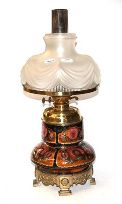Lot 109 - Zsolney Pecs oil lamp complete with brass font, burner, chimney and student shade