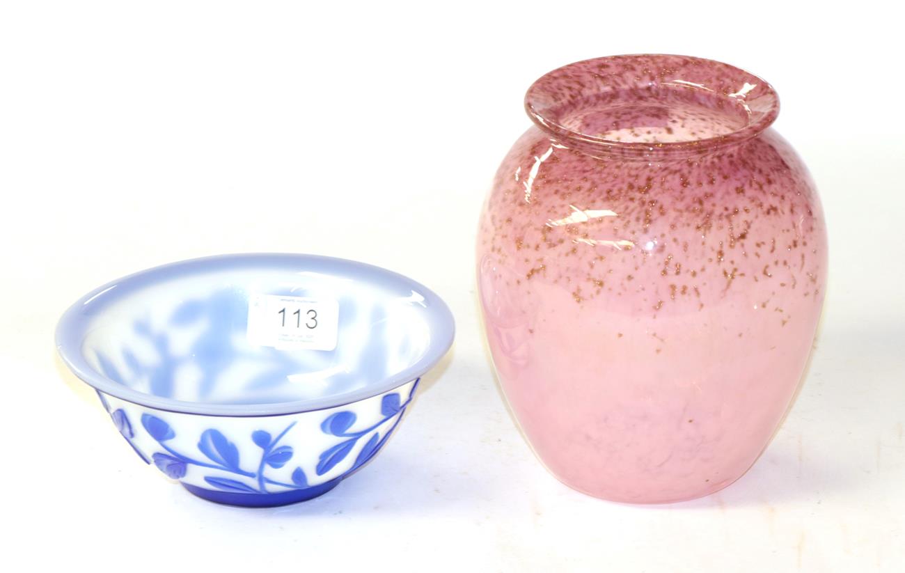 Lot 113 - A Monart pink glass vase with gold fleck decoration, together with a carved cameo glass dish (2)