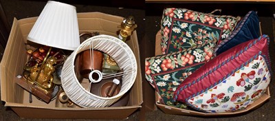 Lot 132 - A group of copper and brass, two table lamps, various needlework cushions etc (two boxes)