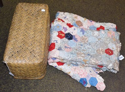 Lot 133 - Early 20th century cotton patchwork cover (unfinished) and box of tools