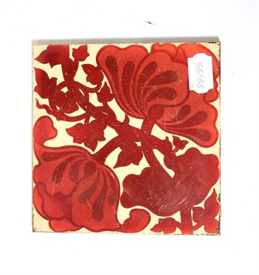 Lot 142 - A Maw & Co ruby lustre 6'' earthenware tile, decorated with ivy and flower heads, indistinctly...