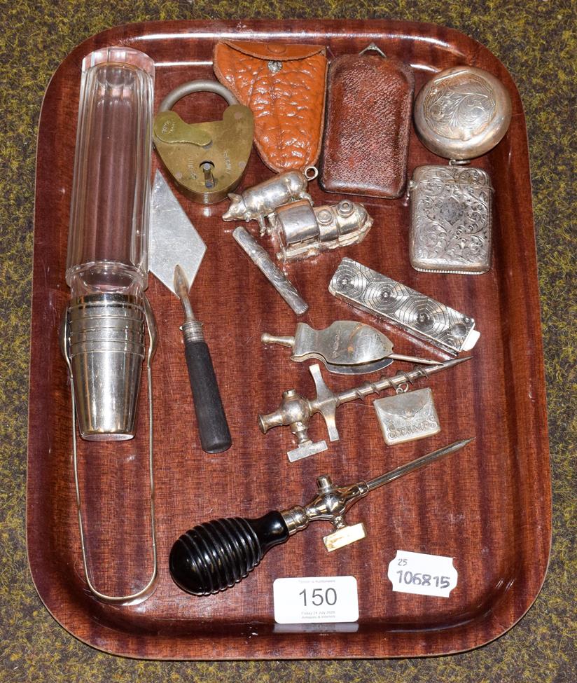 Lot 150 - A group of silver 925 stamped and plated items including: travelling flask and cups, miniature...