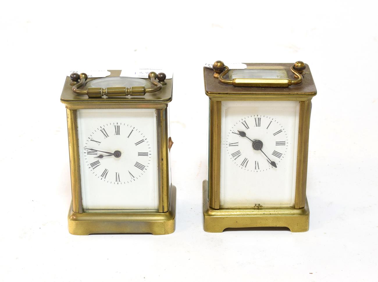 Lot 158 - Two late 19th/early 20th century brass carriage timepieces, one with presentation inscription