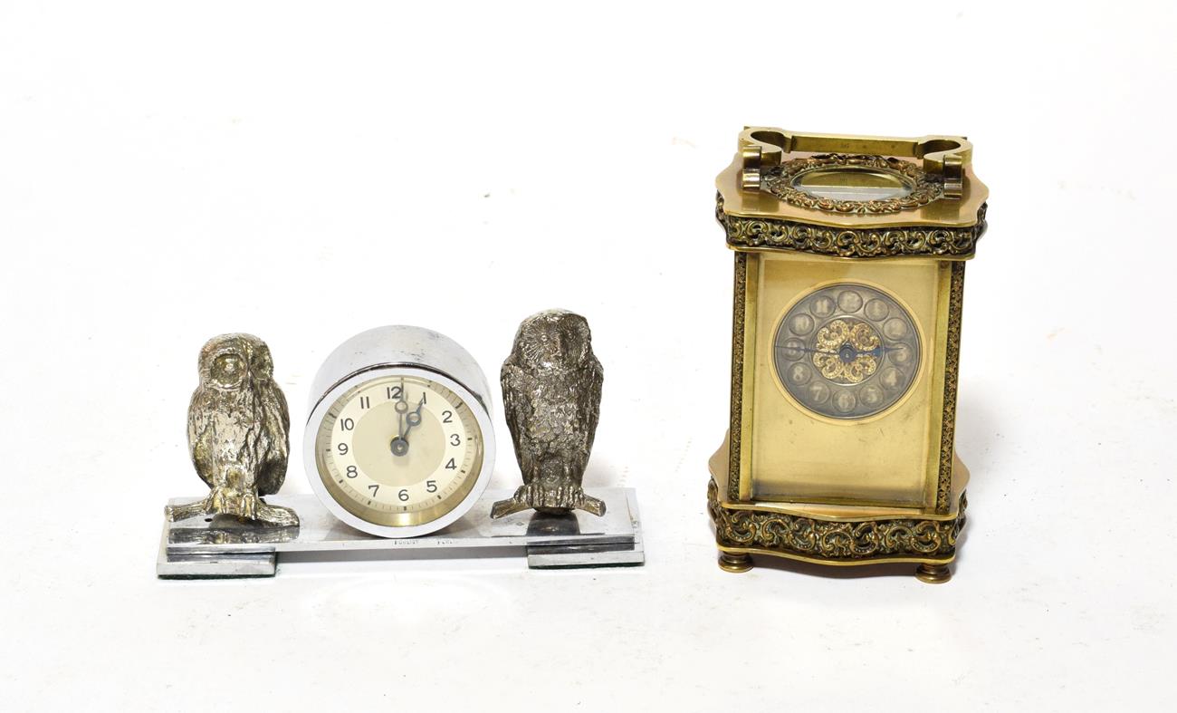 Lot 172 - A French brass carriage timepiece, circa 1890 and a chrome plate owl desk timepiece (2)