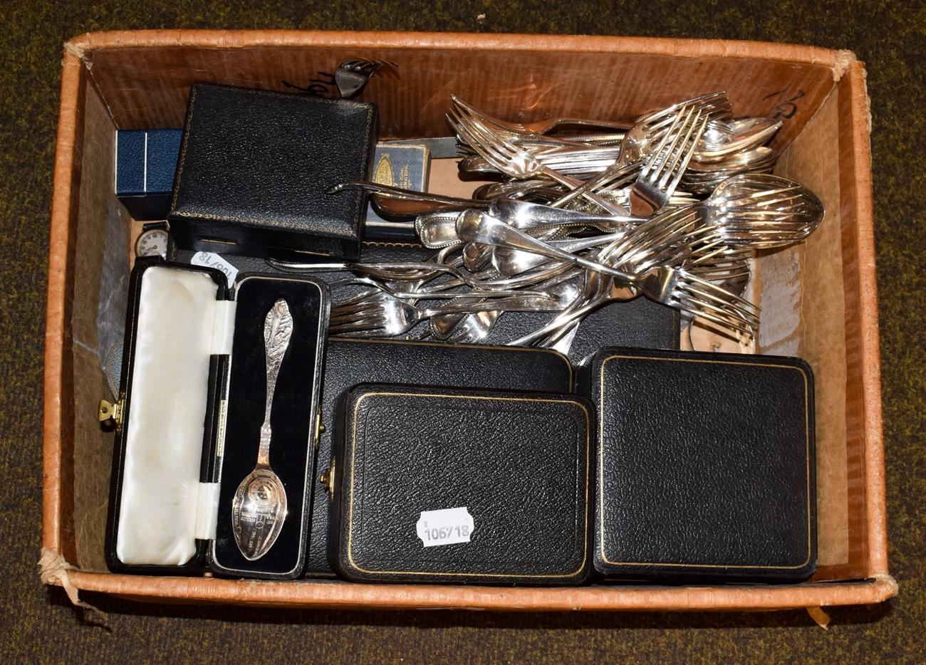 Lot 179 - A collection of assorted silver, including: a four-piece cased dressing-table service, each...